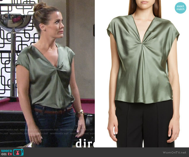 Vince Twist Detail Short Sleeve Silk Blouse in Sage Flint worn by Chelsea Lawson (Melissa Claire Egan) on The Young and the Restless
