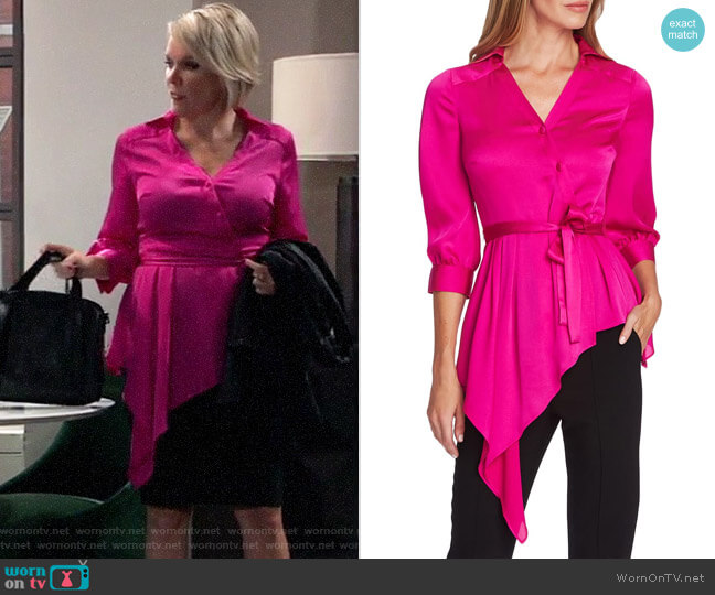 Vince Camuto Cascade Ruffle Asymmetrical Satin Blouse in Pink Shock worn by Ava Jerome (Maura West) on General Hospital