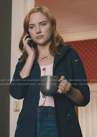 Violet’s navy floral embroidered jacket on Light as a Feather