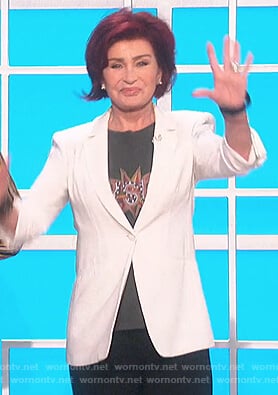 Sharon’s white blazer and Saint Laurent tee on The Talk