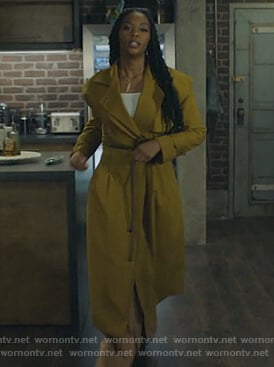 Anissa’s mustard tie waist trench coat on Black Lightning