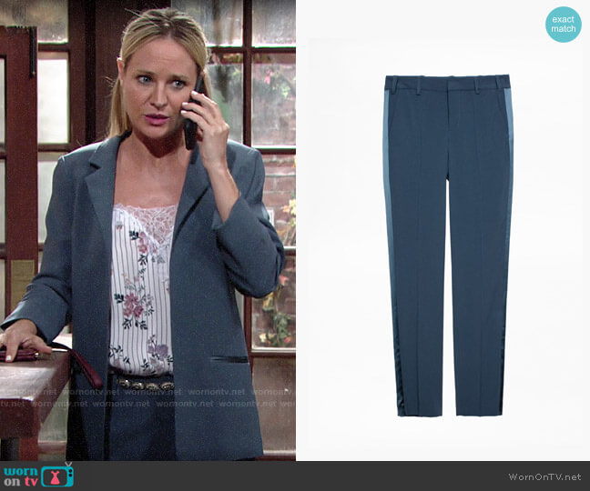 Zadig & Voltaire Prune Satin Trousers in Bleu de Gris worn by Sharon Newman (Sharon Case) on The Young and the Restless