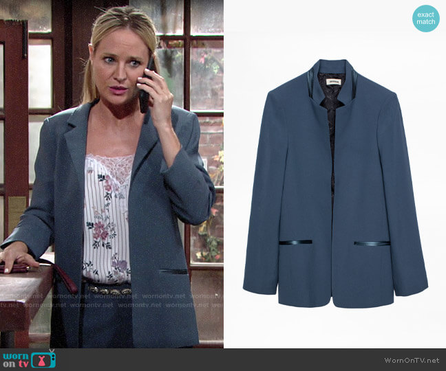 Zadig & Voltaire Volly Satin Blazer in Bleu de Gris worn by Sharon Newman (Sharon Case) on The Young and the Restless