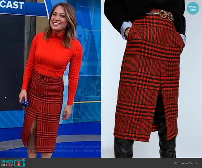 Zara Plaid Pencil Skirt worn by Ginger Zee on Good Morning America