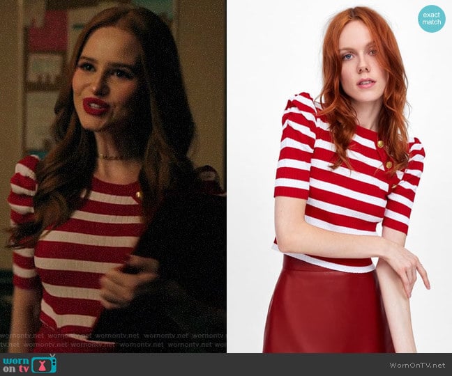 Zara Striped Top with Balloon Sleeves worn by Cheryl Blossom (Madelaine Petsch) on Riverdale