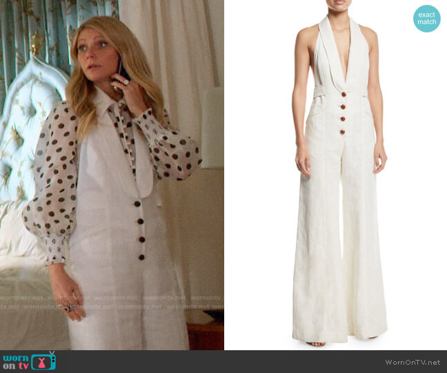 Zimmermann Corsage Tailored Wide-Leg Linen Jumpsuit worn by Georgina Hobart (Gwyneth Paltrow) on The Politician