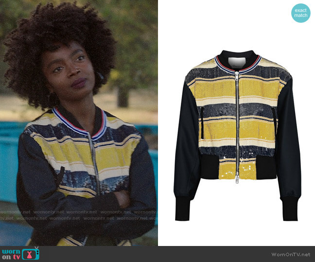 3.1 Phillip Lim Striped sequined gauze and duchesse-satin bomber jacket worn by Briana Johnson (MaameYaa Boafo) on Bluff City Law