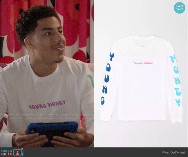 AE x Young Money Long Sleeve Graphic T-shirt worn by Andre Johnson Jr (Marcus Scribner) on Black-ish