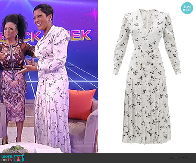 Alessandra Rich Bow and dot-print pleated-skirt silk dress worn by Tamron Hall on Tamron Hall Show