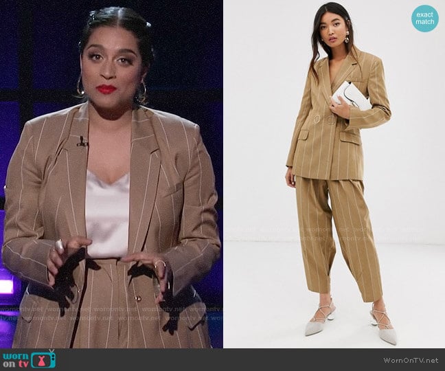 ASOS Design Camel Stripe Suit Blazer with Popper Fastening worn by Lilly Singh on A Little Late with Lilly Singh
