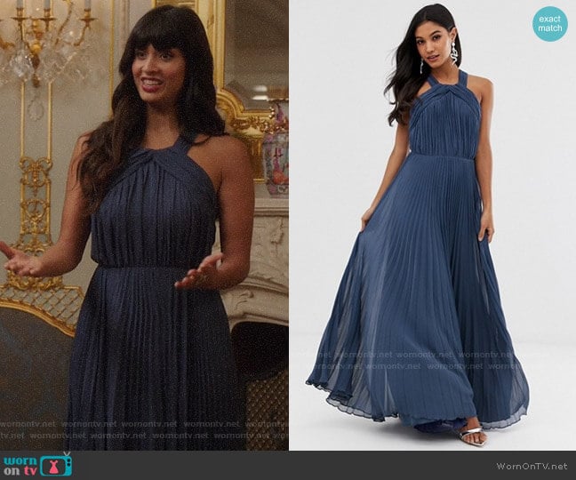 ASOS DESIGN Pleated Bodice Halter Maxi Dress worn by Tahani Al-Jamil (Jameela Jamil) on The Good Place