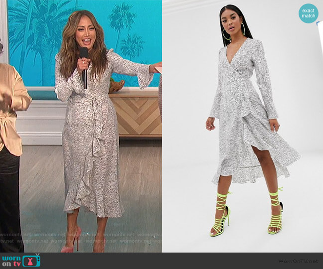 ASOS Pretty Lavish midi wrap frill dress in polka dot worn by Carrie Inaba on The Talk