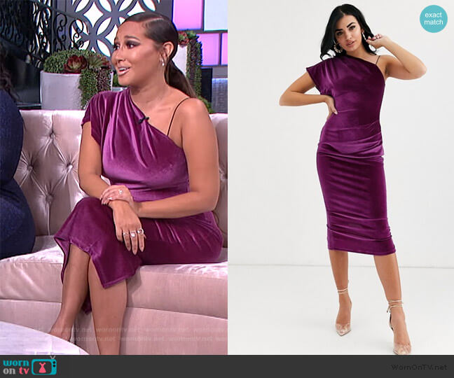 ASOS Velvet One Shoulder Midi Dress worn by Adrienne Houghton on The Real