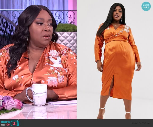 ASOS Batwing Midi Dress in Satin with Embroidery worn by Loni Love on The Real