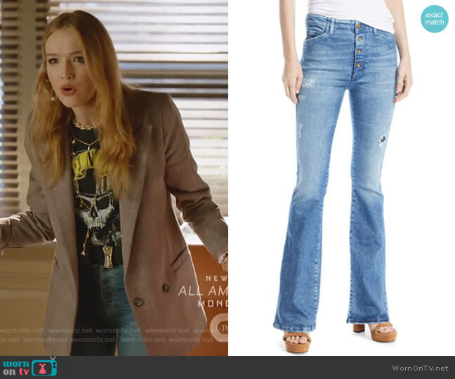 Acynetic Friya Sharon Gene Mid-Rise Flare-Leg Jeans worn by Kirby Anders (Maddison Brown) on Dynasty