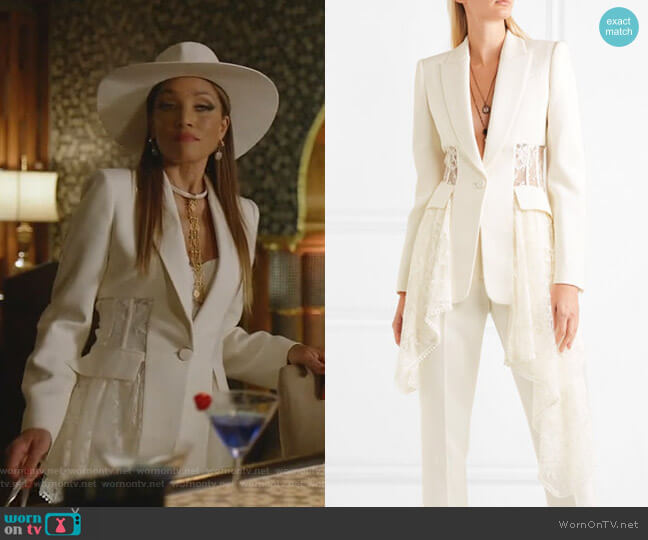 Alexander McQueen Asymmetric Wool-Blend Crepe and Lace Blazer worn by Dominique Deveraux (Michael Michele) on Dynasty