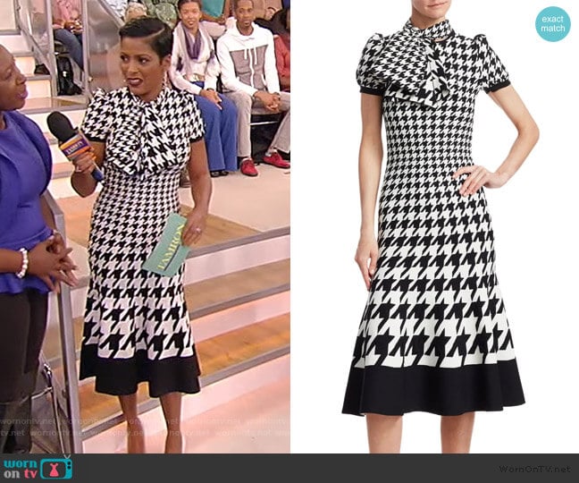 Alexander McQueen Houndstooth Fit-&-Flare Silk Midi Dress worn by Tamron Hall on Tamron Hall Show