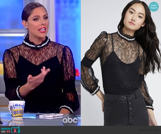 Alice + Olivia Jewel Crystal Lace Blouse worn by Abby Huntsman on The View