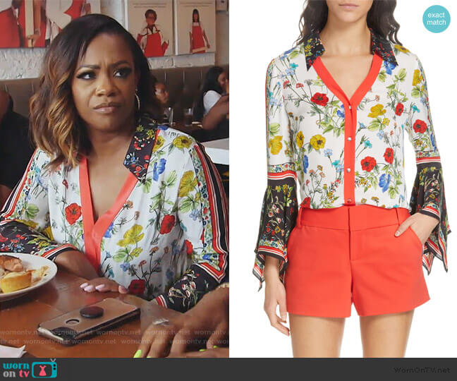 Alice + Olivia Randa Pattern Mix Blouse worn by Kandi Burruss on The Real Housewives of Atlanta