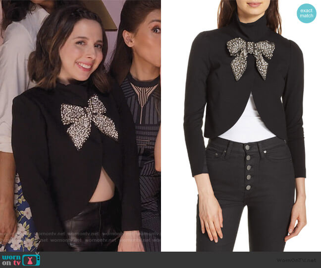 Alice + Olivia Addison Embellished Bow Crop Jacket worn by Izzy Levine (Esther Povitsky) on Dollface