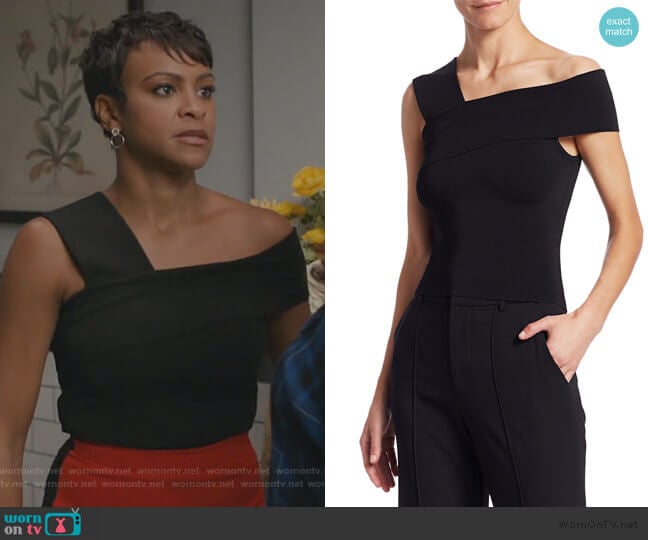 Alice + Olivia Arletta One-Shoulder Cropped Sweater worn by Angela (Carly Hughes
) on American Housewife