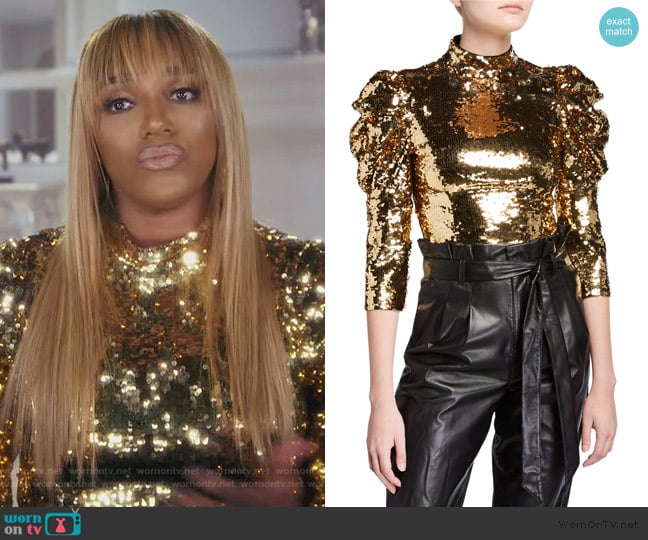 Alice + Olivia Brenna Sequin Puff-Sleeve Crop Top worn by Nene Leakes on The Real Housewives of Atlanta