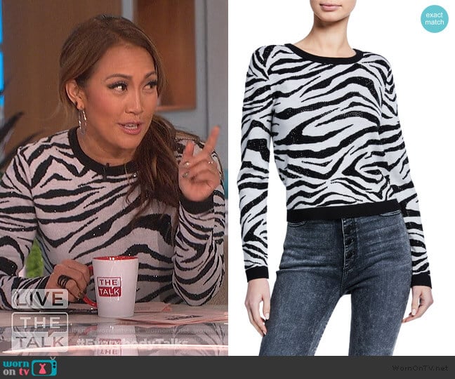 Alice + Olivia Connie Embellished Zebra Stripe Sweater worn by Carrie Inaba on The Talk