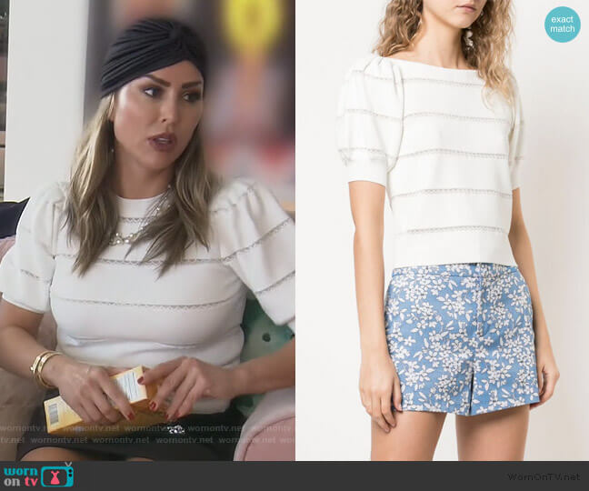 Alice + Olivia Lavona lace insert top worn by Kelly Dodd on The Real Housewives of Orange County