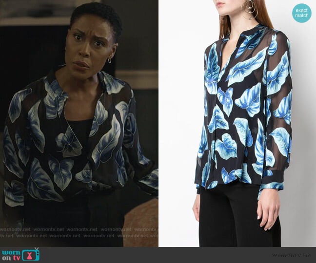 Alice + Olivia Leaf print sheer shirt worn by Lynn Stewart (Christine Adams) on Black Lightning