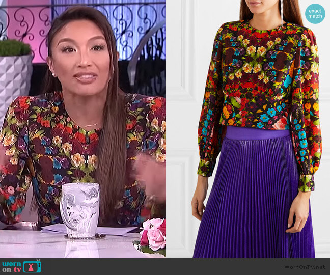 Alice + Olivia Willa Floral Pleated Placket Silk Blouse worn by Jeannie Mai on The Real