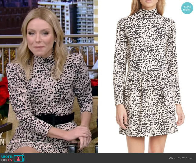 Rebecca Taylor Animal Print Long Sleeve Mock Neck Jersey Dress worn by Kelly Ripa on Live with Kelly and Mark