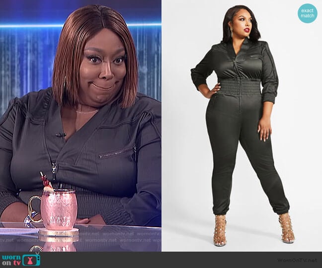 Ashley Stewart LA LA Anthony Lace-up Jumpsuit worn by Loni Love on The Real
