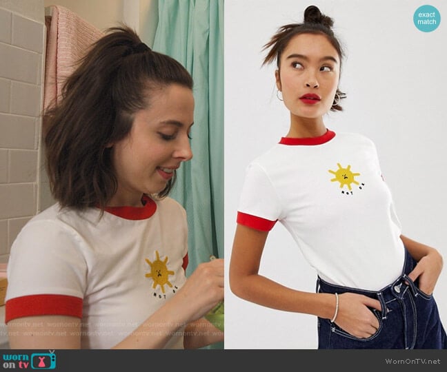 Asos Lazy Oaf Fitted Ringer Tee with Not Ok Sun Embroidery worn by Izzy Levine (Esther Povitsky) on Dollface