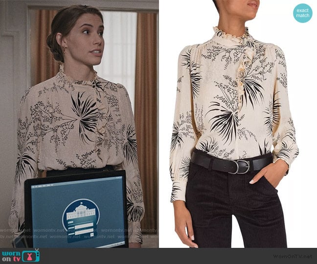 Ba&sh Eda Ruffled Botanical Blouse worn by Stephanie 'Stevie' McCord (Wallis Currie-Wood) on Madam Secretary
