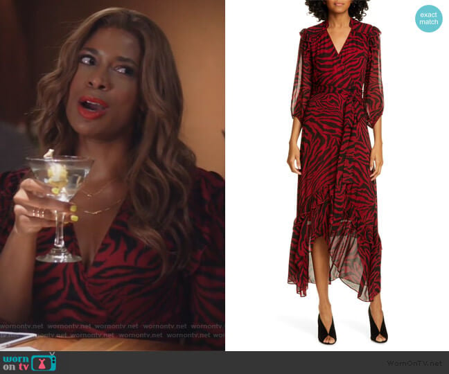 BA&SH Selena Animal Print Ruffle Detail Midi Wrap Dress worn by Poppy (Kimrie Lewis) on Single Parents