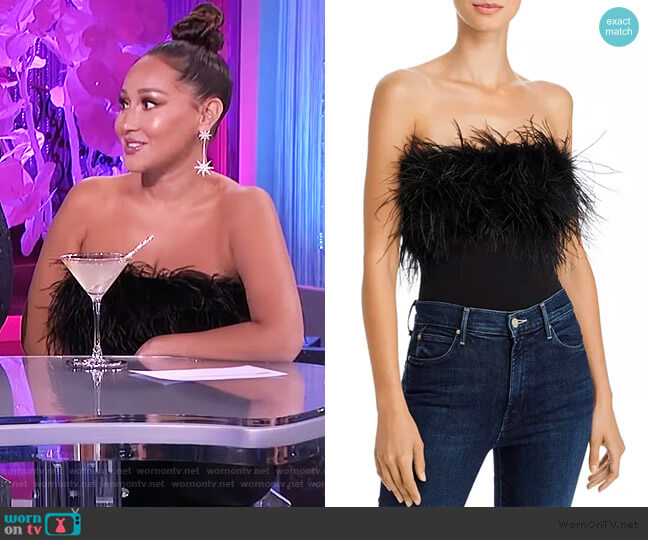 Bardot Feather-Trim Strapless Bodysuit worn by Adrienne Houghton on The Real