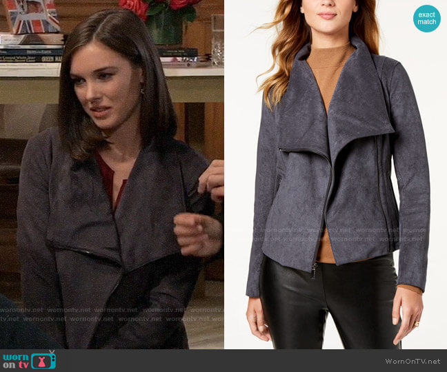 Bcbgeneration Ruffle-Hem Faux-Suede Moto Jacket worn by Willow Tait (Katelyn MacMullen) on General Hospital