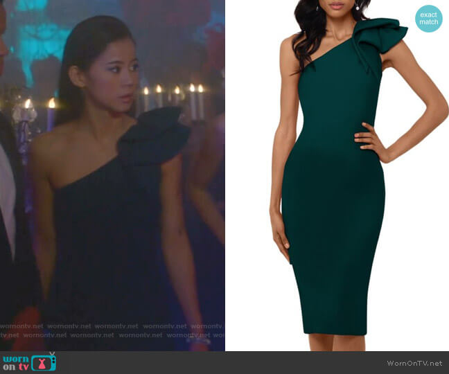 Betsy & Adam Ruffled One-Shoulder Sheath Dress worn by George Fan (Leah Lewis) on Nancy Drew