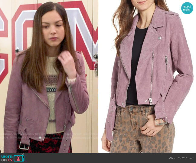 Blank NYC Lilac Suede Moto Jacket worn by Nini (Olivia Rodrigo) on High School Musical The Musical The Series