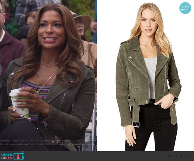 Blank NYC Suede Moto Jacket in Herb worn by Poppy (Kimrie Lewis) on Single Parents