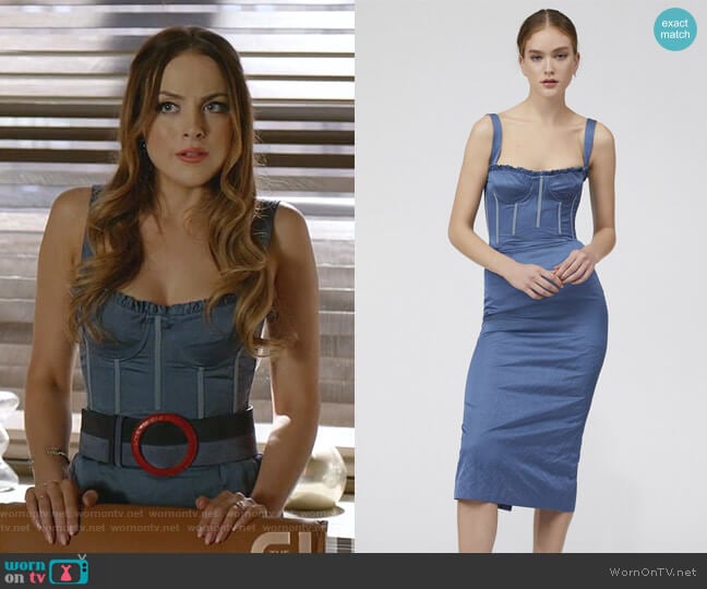 Brock Collection Pelagia Bustier Crepe De Chine Midi Dress worn by Fallon Carrington (Elizabeth Gillies) on Dynasty