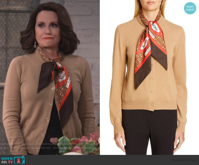 Burberry Scarf Neck Cashmere Cardigan worn by Karen Walker (Megan Mullally) on Will and Grace