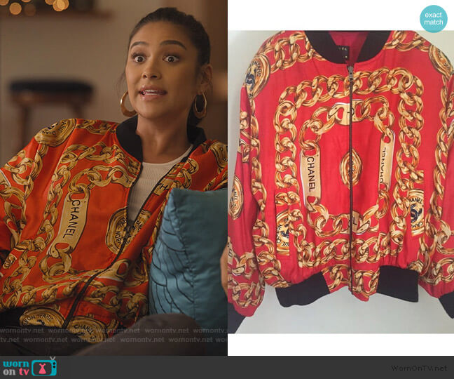 Chanel Silk Red Bomber Jacket worn by Stella Cole (Shay Mitchell) on Dollface