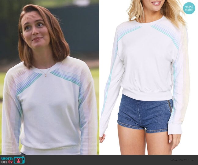 Spiritual Gangster Malibu Striped-Sleeve Cropped Sweatshirt worn by Angie (Leighton Meester) on Single Parents
