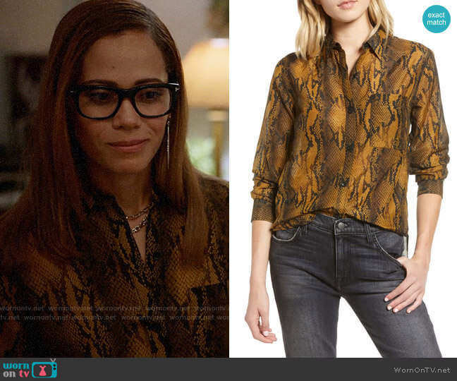 Current/Elliott The Neal Shirt in Bronze Brown Python worn by Amanda Doherty (Victoria Cartagena) on Almost Family