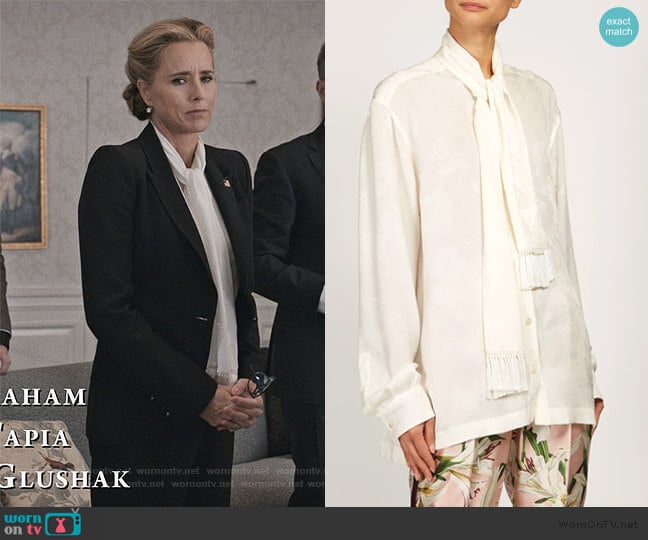 Dolce & Gabbana Pussy-bow rose-jacquard blouse worn by Elizabeth McCord (Téa Leoni) on Madam Secretary