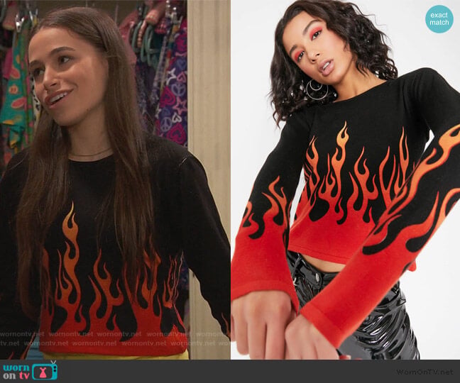 Horoscopez Blaze It Up Flame Sweater worn by Tess O'Malley (Sky Katz) on Ravens Home