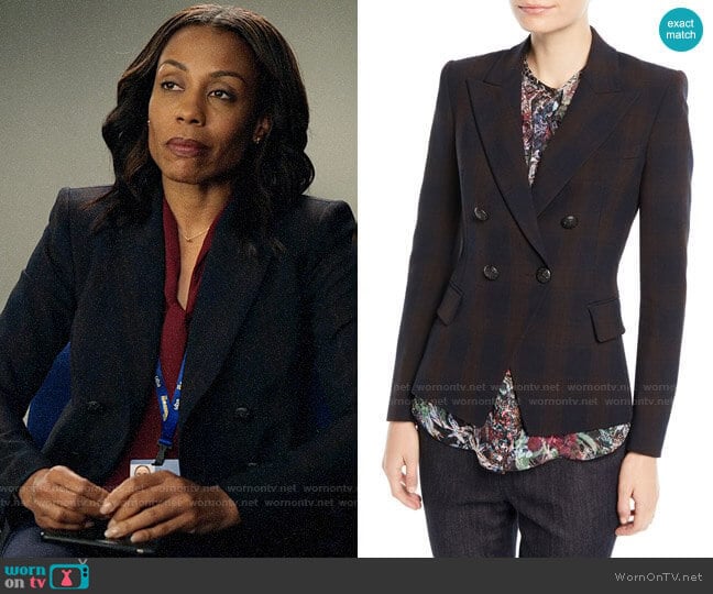 Elie Tahari Jezebel Double-Breasted Plaid Blazer worn by Mia Jordan (Karen Pittman) on The Morning Show