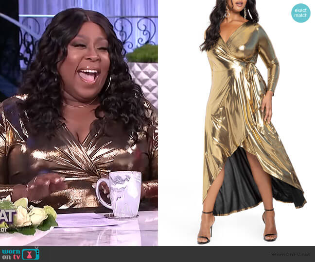 Eloquii Metallic Long Sleeve Jersey Wrap Maxi Dress worn by Loni Love on The Real