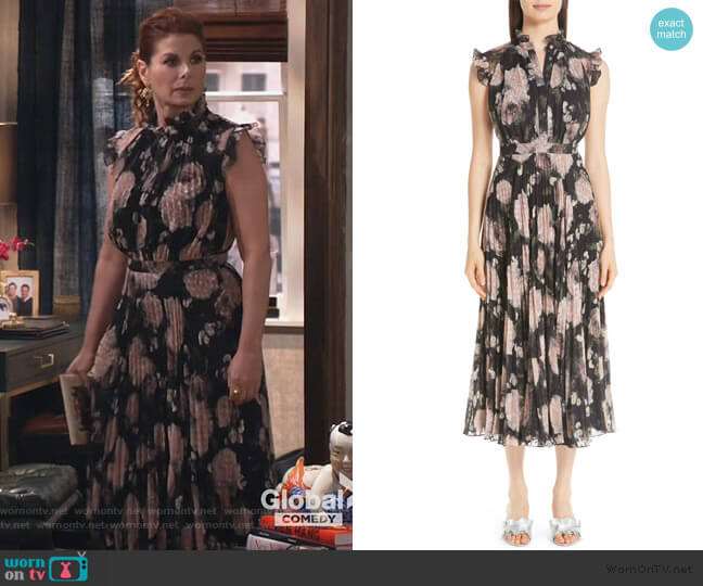 Erdem Floral Print Voile Midi Dress worn by Grace Adler (Debra Messing) on Will and Grace